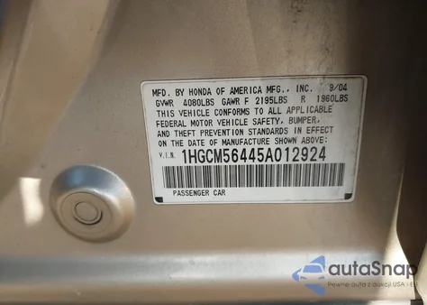 2005 Honda Accord 2.4 Lx from USA, damaged, VIN 1HGCM56445A012924